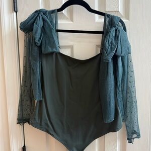 Free People Teal Bodysuit with mesh sleeves and should ties